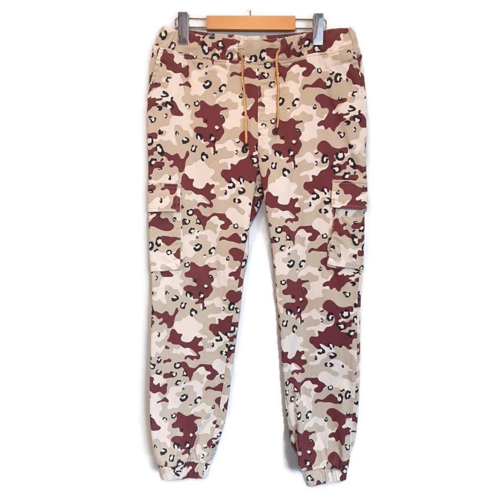 TWIK Structured Camo Cargo Joggers Pants Burgundy Drawstring High Waist